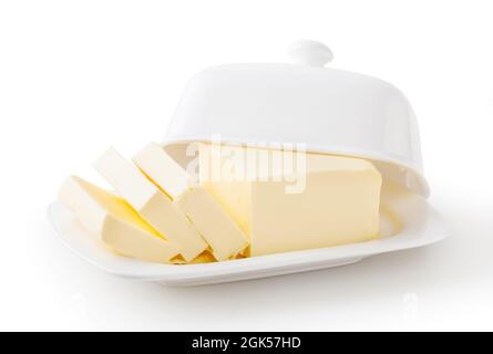 Butter on white butter dish isolated on white background with clipping path Stock Photo