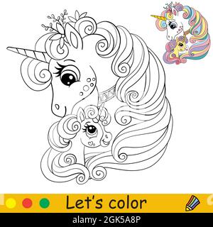 Cute mom and baby unicorns. Coloring book page for children with colorful template. Vector cartoon illustration. For education, print, game, decor, pu Stock Vector