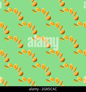 Seamless pattern of sliced flying orange grapefruit isolated on white background. Cut orange grapefruit in pieces. Levity fruit floating in the air. F Stock Photo