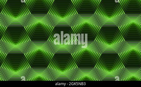 Modern composition with concentric hexagons in yellow-green metallic color. Seamless repeating pattern. Stock Photo