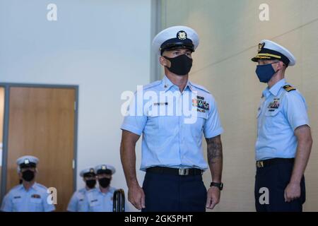 Coast Guard Sector Lower Mississippi commissions Coast Guard Station Memphis in Memphis, Tennessee, August 10, 2021. Petty Officer 1st Class Matthew Rollins became the first officer in charge of Station Memphis. Stock Photo