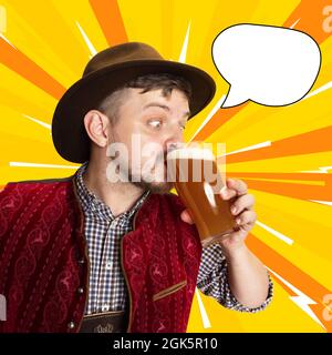 Collage, poster. Close-up young man in traditional Bavarian costume drinking cold frothy beer, lager, ale isolated over yellow background. National Stock Photo