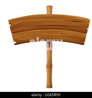 Wooden signboard with bamboo stick in cartoon style, empty signpost isolated on white background. Ui game asset, exotic decoration. Vector illustratio Stock Vector