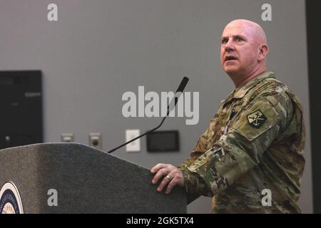 Brigadier General Andrew J. Chevalier, Director of Joint Staff and Land Component Commander for the Rhode Island National Guard (RING), speaks during an Inspector General training seminar on Aug. 10, 2021, Camp Fogarty, RI. Inspectors general from twenty-three states participated in the training. Stock Photo