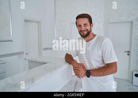 Beauty salon customer posing for the camera in the foyer Stock Photo