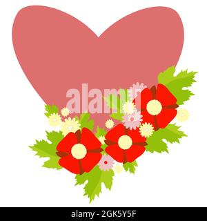 Love symbol. Pink heart in a floral bouquet of red flowers and white daisies. Vector illustration. For the design and decoration of postcards, valenti Stock Vector