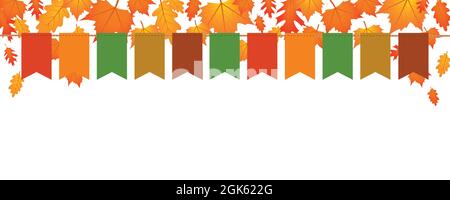 autumn party flags banner on white background with falling leaves Stock Vector