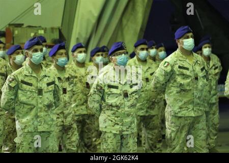 Soldiers from the Italian Army's Task Force Griffon stand in formation during a Transfer of Authority ceremony at Erbil Air Base, Iraq. Task Force Griffon, from the 5th Regiment of the Italian Army, is a detachment of three NH-90 medium lift helicopters, aircrew and support personnel based at Erbil Air Base, Iraq, under tactical control (TACON) of Task Force Phoenix. Outgoing commander Lt. Col. Francesco Colucei turned over the unit to Lt. Col. Mario Giorgi. Stock Photo