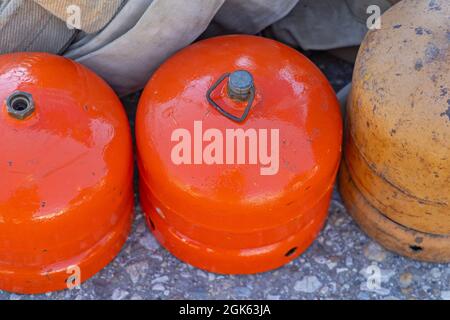 Propane Gas Bottles for Cooking in Camp Stock Photo