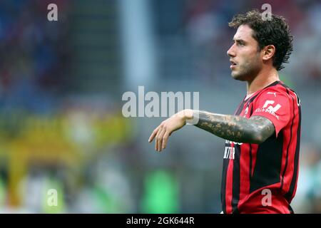 Milano, Italy. 12 September 2021. Davide Calabria of Ac Milan  gestures during the Serie A match between Ac Milan and Ss Lazio. Stock Photo