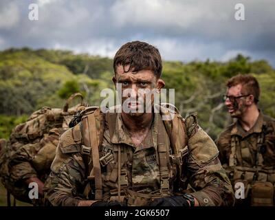 U.S. Army CPT Michael Toland assigned to 2nd Squadron, 14th Cavalry Regiment 2nd Infantry Brigade Combat Team, 25th Infantry Division, conduct patrols during the Culminating Exercise (CULEX) on day eleven of the Jungle Operations Training Course (JOTC) at East Range, Hawaii on August 12, 2021. Senior leaders and Soldiers across the U.S. Army attend JOTC in order to familiarize and certify themselves with jungle operation tactics, techniques, and procedures required to fight, win, and survive within any tropical jungle environment. Stock Photo