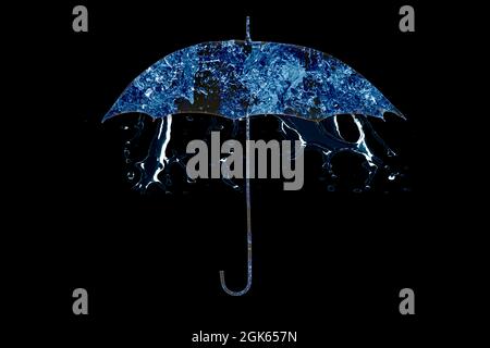 On a black background an umbrella made of water. Stock Photo