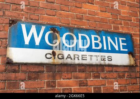 Old fashioned rusty metal sign advertising Woodbine cigarettes on a brick wall Stock Photo