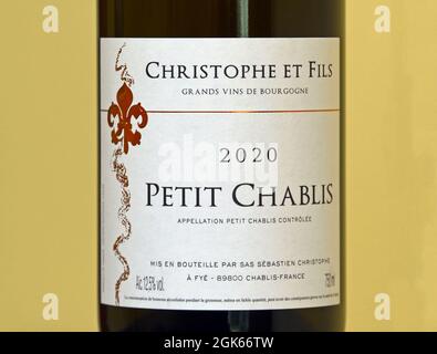 Wine label. Christophe et Fils. Grands Vins de Bourgogne. 2020. Petit Chablis. France. Stock Photo