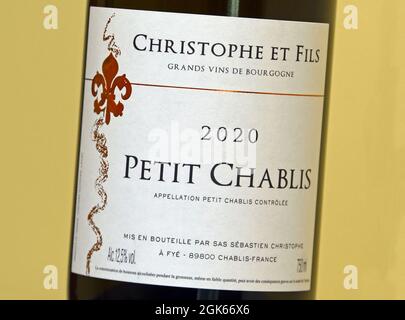 Wine label. Christophe et Fils. Grands Vins de Bourgogne. 2020. Petit Chablis. France. Stock Photo