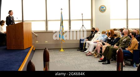 Army Col. Megan Stallings, incoming USMEPCOM commander, delivers remarks during a change of command ceremony held at USMEPCOM headquarters in North Chicago, Ill, Aug. 13. Through its 67 processing stations across the United States, USMEPCOM evaluates applicants for enlistment into the Armed Forces based on established Department of Defense and service-specific standards; it is the vital link between recruiting and training the All-Volunteer Force. Stock Photo