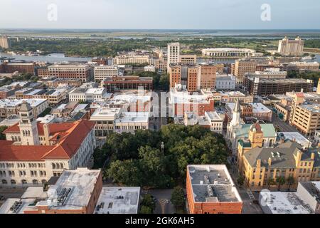 SAVANNAH, UNITED STATES - Sep 02, 2021: An aerial view of Bull Street stretching from Wright Square in Downtown Savannah to the gold dome of Savannah Stock Photo