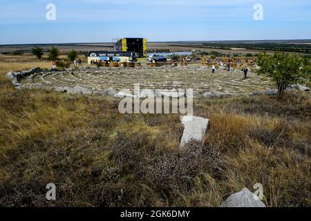 ZAPORIZHZHIA REGION, UKRAINE - SEPTEMBER 11, 2021 - The Scythian Camp Park of Megaliths is pictured during the Legends of Steppe 2021 Open Folk Festiv Stock Photo