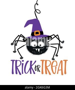 Trick or treat text with cute spider with witch hat - Happy Halloween quote on white background.  Good for t-shirt, mug, home decoration, gift, printi Stock Vector