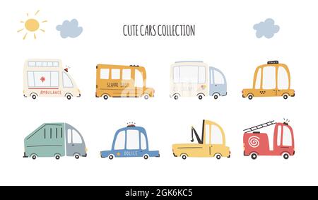 Cute cars collection. Cartoon funny transport. Vector cartoon illustrations in simple childish hand-drawn Scandinavian style for children. Fire, ambul Stock Vector
