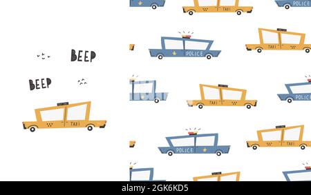 Cute pattern with cars. Taxi. Transport. Police. Vector hand-drawn color seamless repeating children simple pattern with cars and lettering, in Scandi Stock Vector
