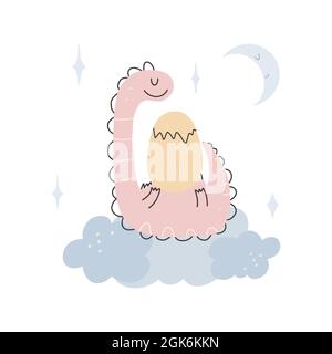 Cute sleeping pink dinosaur in the clouds. Happy simple childish hand-drawn cartoon doodle scandinavian style. Vector illustration. Isolate on a white Stock Vector