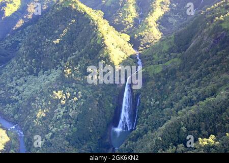 AERIAL VIEW OF KAUAI, HAWAII, USA....Manawaiopuna Falls (Jurassic Park Falls)