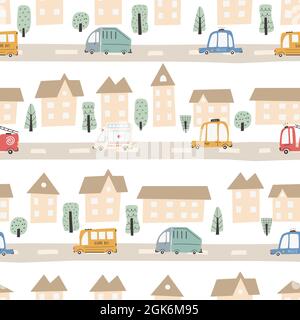 Cute city map with roads and transport. Vector seamless pattern. Childish hand-drawn scandinavian style. For nursery room, textile, wallpaper, packagi Stock Vector