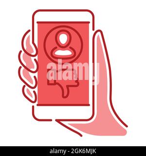 Cyberbullying victim hand holding smartphone color line icon. Abuse, internet, hate concept. Social media insult. Isolated vector element. Outline pic Stock Vector