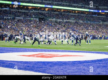 September 12, 2021: Seattle Seahawks quarterback Russell Wilson (3) passes  the ball during NFL football game action between the Seattle Seahawks and  the Indianapolis Colts at Lucas Oil Stadium in Indianapolis, Indiana.