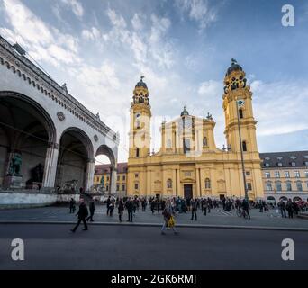 Odeonplatz with Theatine Church (Theatinerkirche) and Feldherrnhalle - Munich, Bavaria, Germany Stock Photo