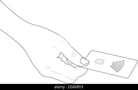 Outlined human hand credit card payment, Contactless payment, nfc, credit card purchase, payment, tap to pay vector stock illustration Stock Vector