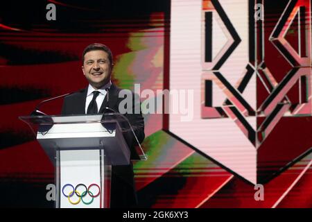 KYIV, UKRAINE - SEPTEMBER 11, 2021 - President of Ukraine Volodymyr Zelenskyy is pictured on stage during the celebration of the 30th anniversary of t Stock Photo