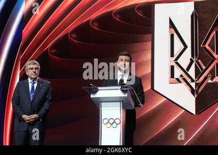 KYIV, UKRAINE - SEPTEMBER 11, 2021 - President of Ukraine Volodymyr Zelenskyy (R) delivers a speech in the presence of president of the International Stock Photo