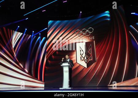 KYIV, UKRAINE - SEPTEMBER 11, 2021 - President of Ukraine Volodymyr Zelenskyy is pictured on stage during the celebration of the 30th anniversary of t Stock Photo