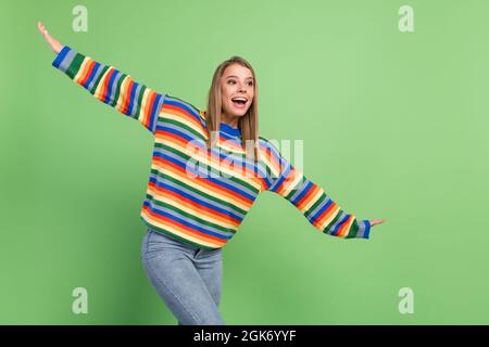 Photo portrait girl wearing casual clothes happy playful childish isolated pastel green color background copyspace Stock Photo