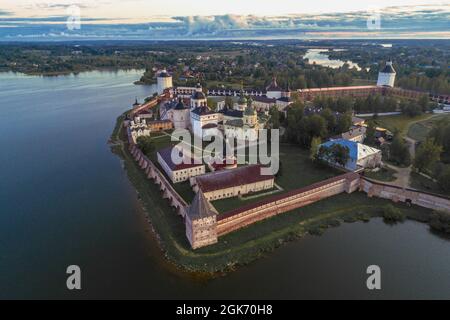 A view from a height of the temples of the Kirillo-Belozersky monastery in the early August morning. Vologda region, Russia Stock Photo