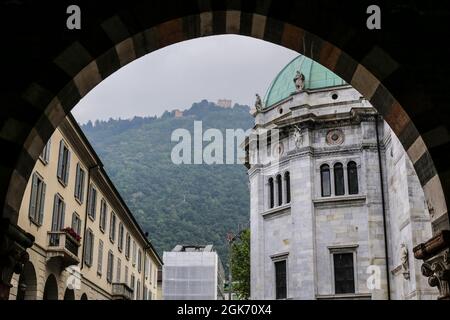 View of Como Cathedral in Piazza del Duomo on a Rainy Day Stock Photo