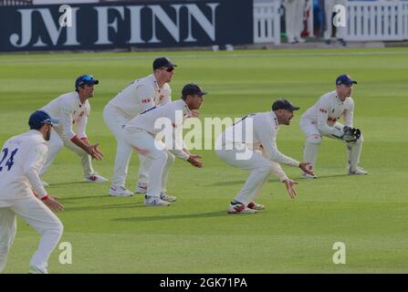 13 September 2021. London, UK. Ready for the catch as Surrey take on Essex in the County Championship at the Kia Oval, day two. David Rowe/Alamy Live News Stock Photo