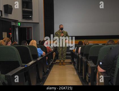 Security Officer Lt. Steve Caezza Commander, Fleet Activities Sasebo (CFAS) speaks to Department of Defense Education Activity (DODEA) teachers and staff during a meeting at CFAS’s Showboat Theater Aug. 20, 2021. The meeting was held to discuss the reopening of DoDEA schools in Sasebo for the 2021-2022 school year. Stock Photo