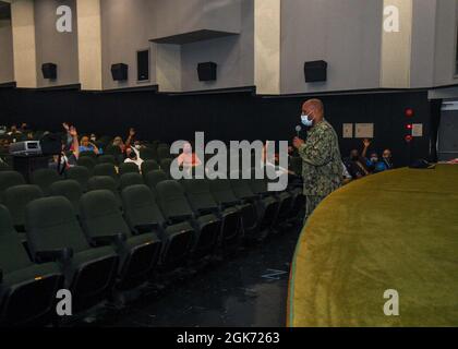 Capt. David Adams Commander, Fleet Activities Sasebo (CFAS) speaks to Department of Defense Education Activity (DODEA) teachers and staff during a meeting at CFAS’s Showboat Theater Aug. 20, 2021. The meeting was held to discuss the reopening of  schools in Sasebo for the 2021-2022 school year. Stock Photo