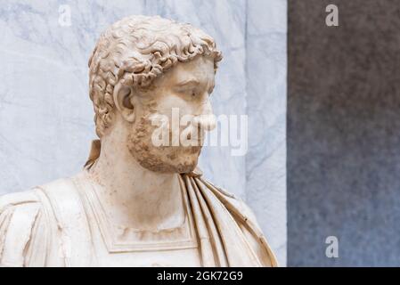 Close-up on marble bust of ancient roman senator Stock Photo