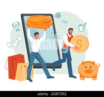 Saving money, online banking, financial services or investments, , flat vector. Stock Vector