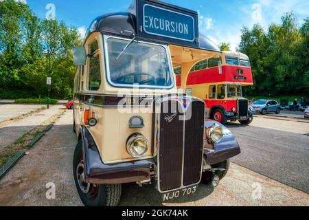 Charabanc outing. A classic old excursion tour bus, Winchester, UK, Stock Photo