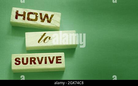 How to Survive words on wooden blocks. Surviving in wild nature concept. Desease and epidemy survival healthcare coronavirus prevention concept Stock Photo
