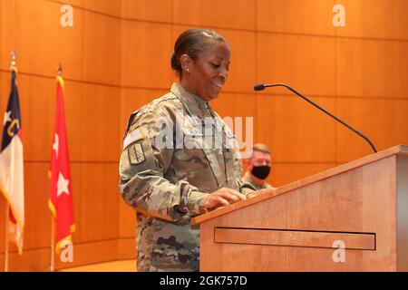 Zaire McRae, commander of the North Carolina National Guard's 113th Sustainment Brigade, is formally promoted to colonel at a ceremony at the NCNG Joint Force Headquarters in Raleigh, North Carolina, Aug. 20, 2021.  Friends and fellow Soldiers joined her family at the ceremony honoring her promotion. Stock Photo