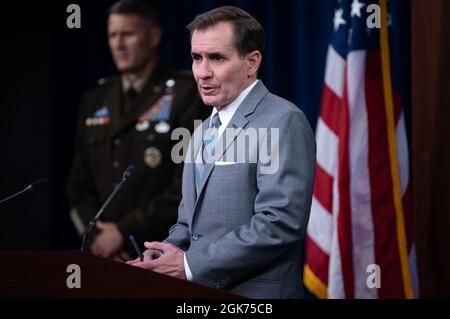 Pentagon Press Secretary John F. Kirby and Army Maj. Gen. William 'Hank' Taylor, Joint Staff deputy director for regional operations, brief the press about Afghanistan, the Pentagon, Washington, D.C., Aug. 21, 2021. Stock Photo