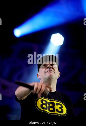 Vicenza, VI, Italy - September 11, 2021: MAX PEZZALI a famous italian singer of 883 band  in live Concert Stock Photo