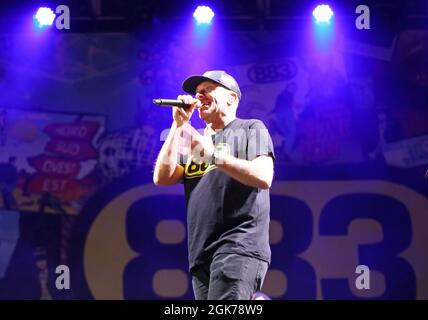 Vicenza, VI, Italy - September 11, 2021: MAX PEZZALI a famous italian singer of 883 band  in live Concert Stock Photo