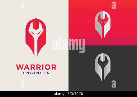 WARRIOR HELMET ENGINEERING LOGO. COMBINATION LOGO FROM HELMET AND WRENCH FOR ENGINEERING. REPARATION. SERVICE .VECTOR LOGO DESIGN ILLUSTRATION Stock Vector